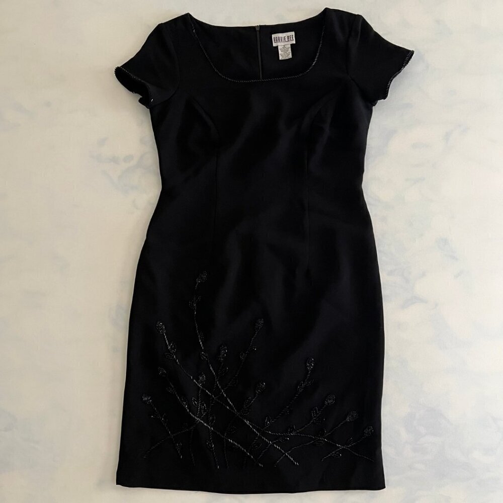 Robbie Bee Black Sequin Beaded Midi Short Sleeve Dress